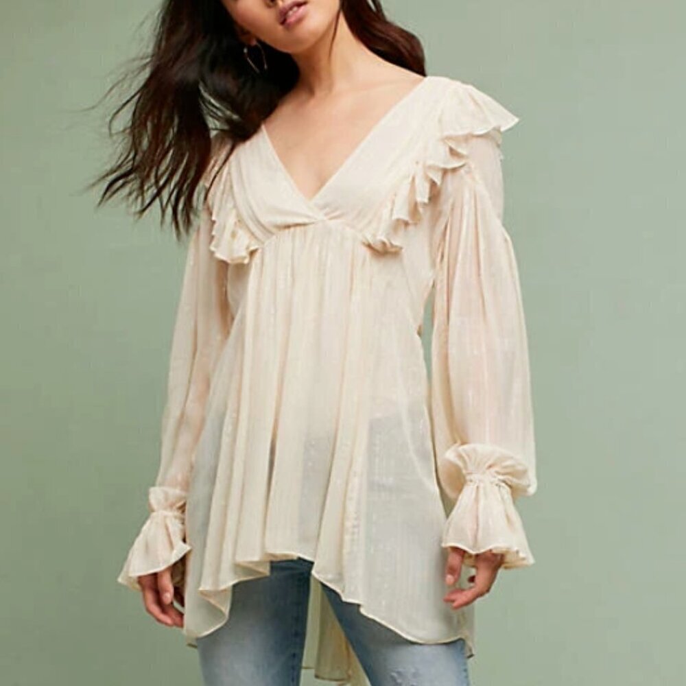 Anthropologie Ivory Ruffle V-Neck Boho Tunic Top 0